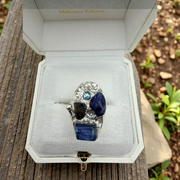 Brutalist Sea Glass Ring - Sterling Silver Cocktail Ring with Crystal Size 9 - Picture 9 of 12